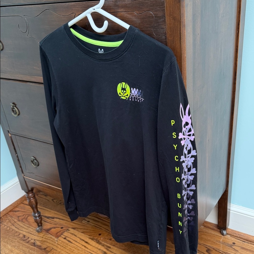 Pyscho Bunny sz 3 (XS) Purple Neon Green l/s top spell out logo arm PIMA cotton